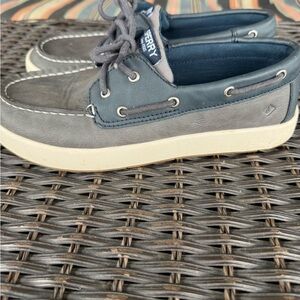 Sperry Gray and Blue Boat Shoes with Moccasin Toe